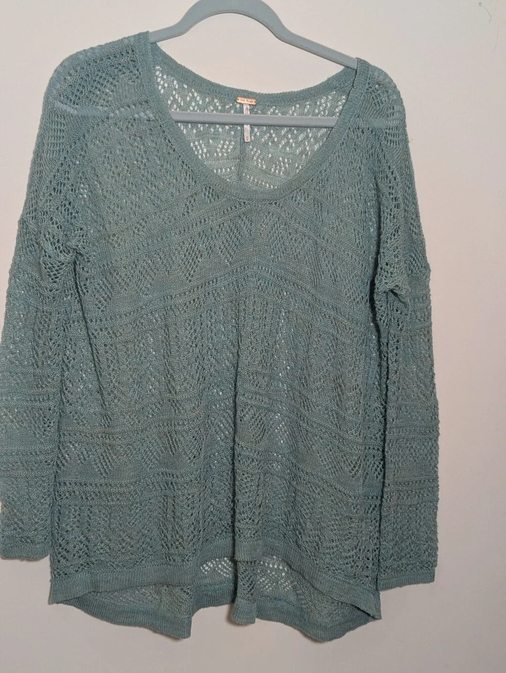 Free People Open Knit Linen Blend Boho Sweater | Aqua Blue Pointelle Pullover M